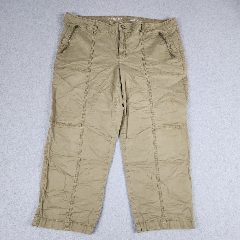 Sonoma Capri Pants Womens 16 Green Khaki Cotton Utility Cargo Stretch Mid Rise